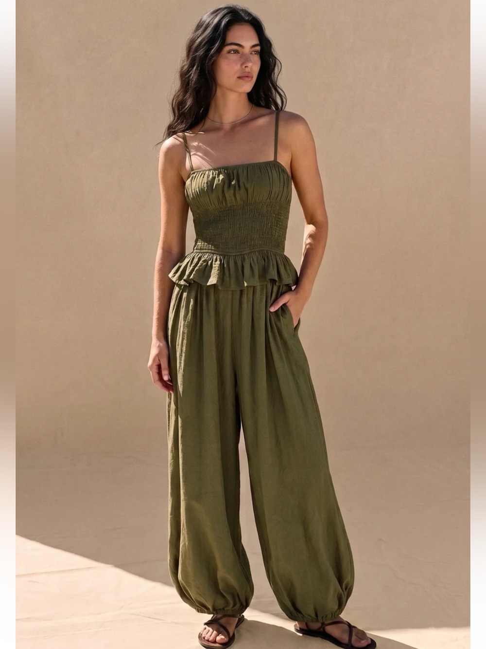 Commense Olive Smocked Peplum Balloon Pants Jumpsuit